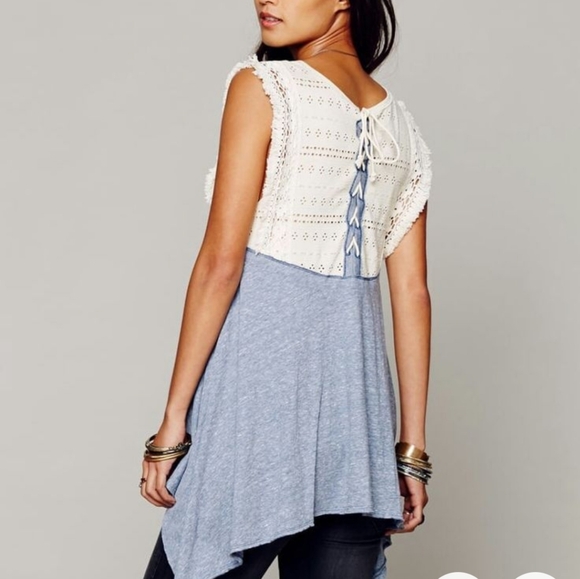 Free People Crochet Lace Shark Bite Tee Flowy Tunic Western Boho Tank Top - Picture 2 of 10